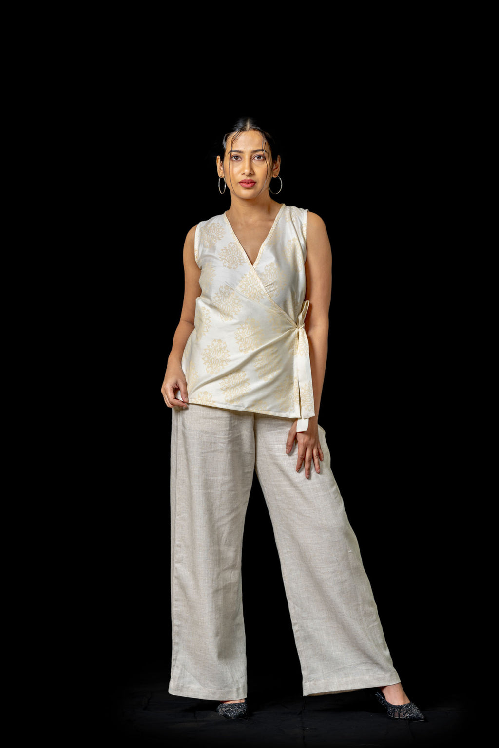 White Block Printed Wrap Cover-Up Top