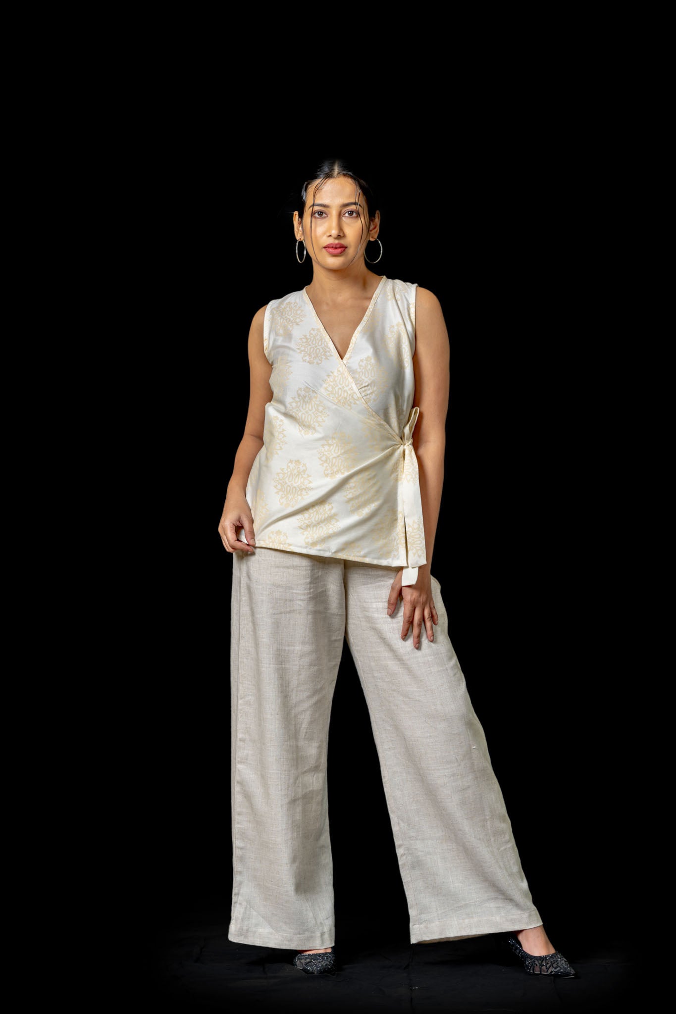 White Block Printed Wrap Cover-Up Top